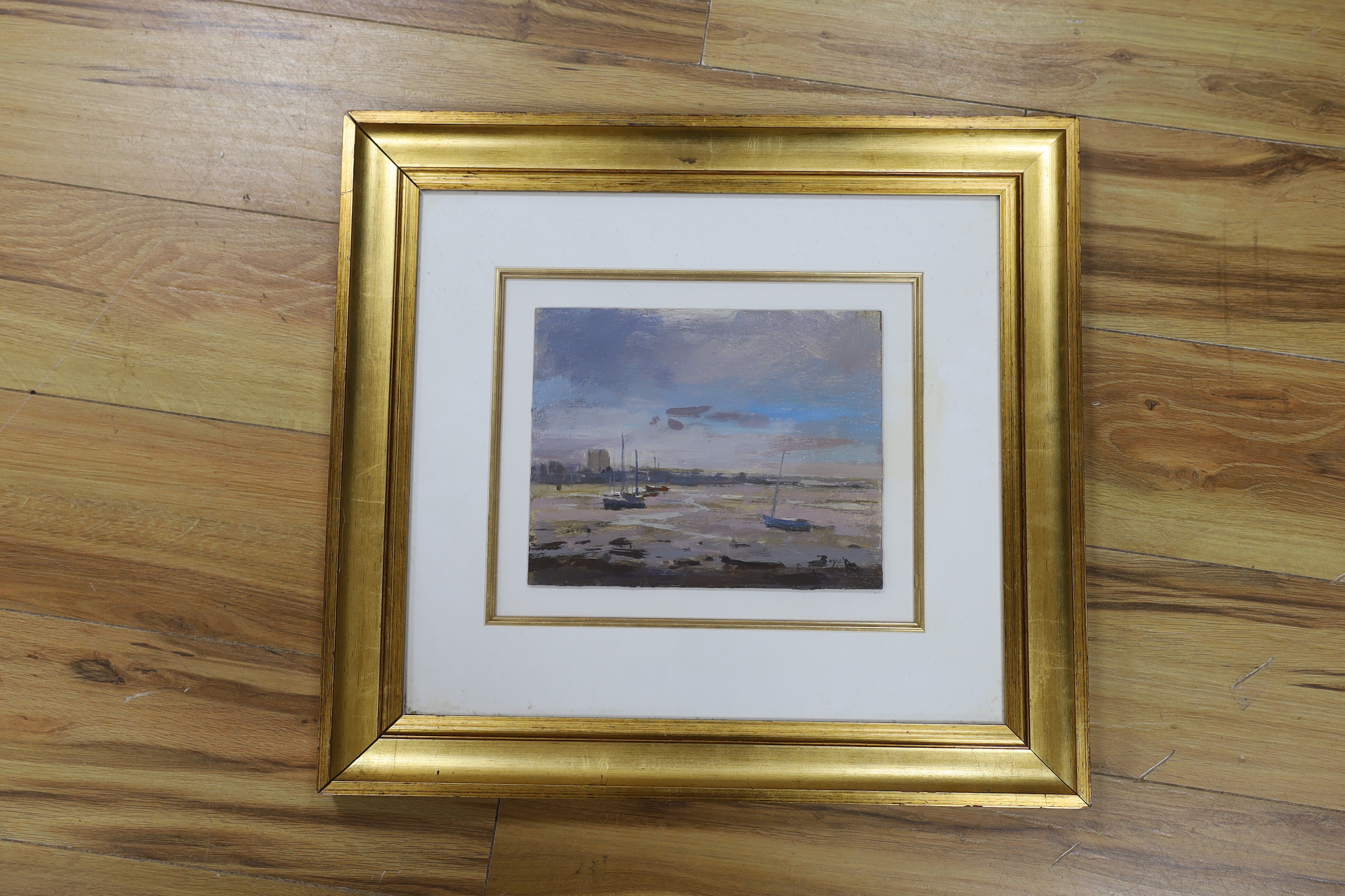 Boyd, Impressionist oil on board, Coastal view with boats, signed, 20 x 25cm